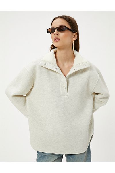 Koton Oversize Sweatshirt with Raised Collar and Plush Detail, Stand Collar and Snap Button