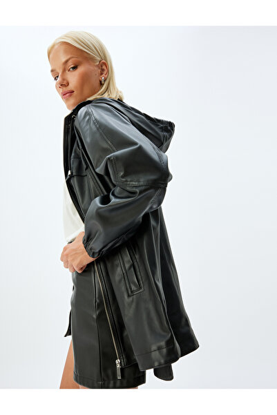 Koton Hooded Leather Look Raincoat with Zippered Pockets