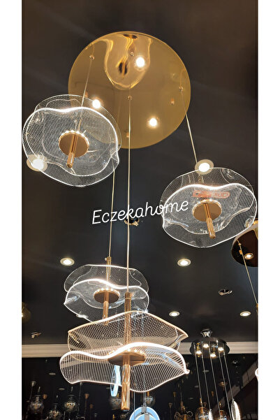 Eczekahome Led aydınlatmalı 4 kollu modern avize gold