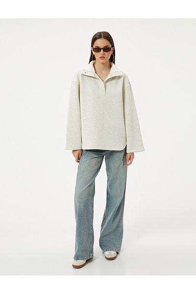 Koton Oversize Sweatshirt with Raised Collar and Plush Detail, Stand Collar and Snap Button