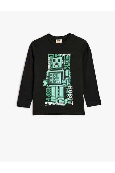 Koton Cotton Robot Printed Long Sleeve T-Shirt - Crew Neck