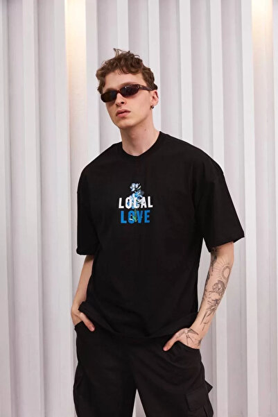 LUMİART Tricou oversize cu imprimeu unisex cu guler rotund - negru