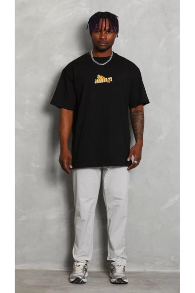 LUMİART Tricou oversize cu imprimeu unisex cu guler rotund - negru