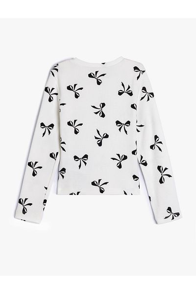 Koton Cotton Long Sleeve Bow Printed Crew Neck T-shirt
