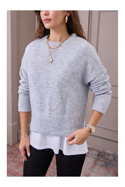 Elif Özbey Butik Gray Crew Neck Side Slit Sweater