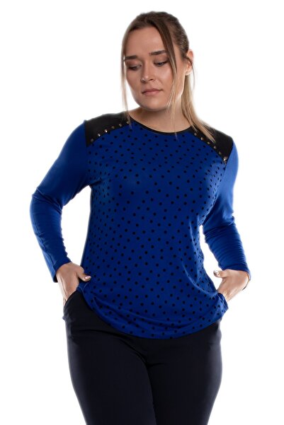 NEW&MORE 5037 Büyük Beden Omuz Deri Ve Zımbalı Kadife Puantiyeli Viscon Kadın...