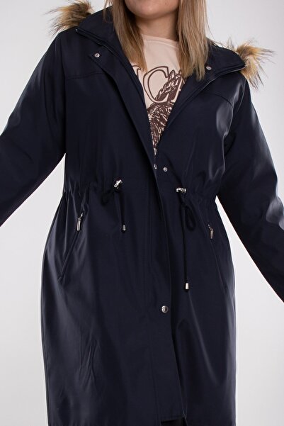 Derfa collection 1011 Battal Beden Içi Kürklü Beli Bağcıklı Kapşonlu Uzun Kap