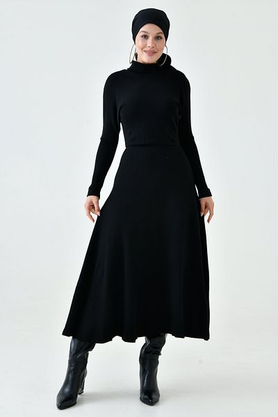 4S1B FASHION Γυναικείο ακρυλικό ύφασμα γιακάς μακρυμάνικο μίντι μαύρο φόρεμα χιτζάμπ 134