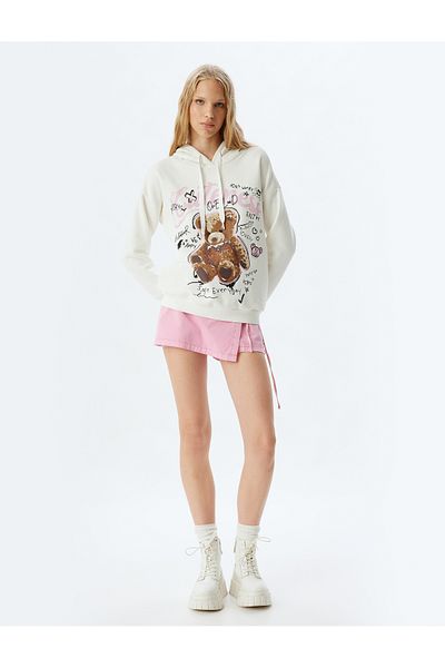 Koton Hooded Sweatshirt Bear Printed Slogan Comfortable Fit