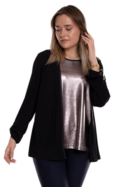 FUERTE 1569 Büyük Beden Hırka Kombinli Parlak Bluz