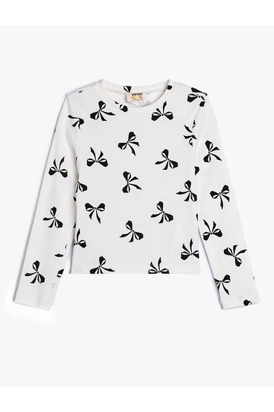 Koton Cotton Long Sleeve Bow Printed Crew Neck T-shirt