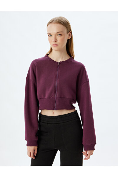 Koton Oversize Crop φούτερ - Φερμουάρ, στρογγυλή λαιμόκοψη, ράστερ