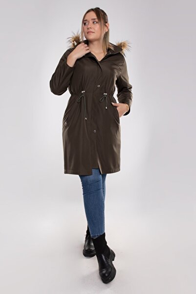 Derfa collection 1010 Büyük Beden Kapşonlu Fermuarlı Beli Bağcıklı Uzun Kap