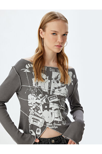 Koton Tricou slim cu mânecă lungă cu imprimeu cu nervuri - Gât barcă, croială...