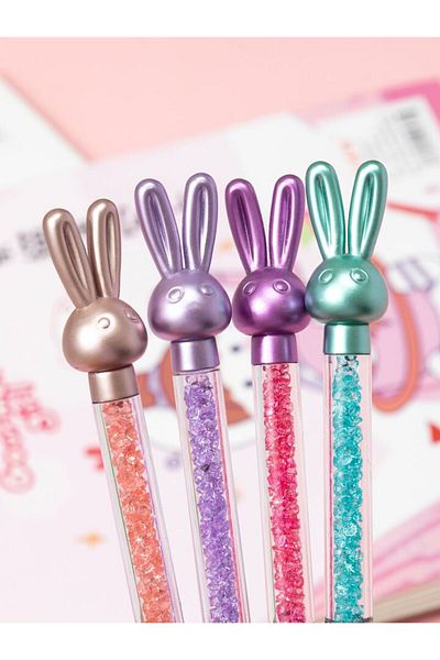 Kawaii قلم حبر جاف لامع على شكل أرنب لطيف مع جزيئات الماس