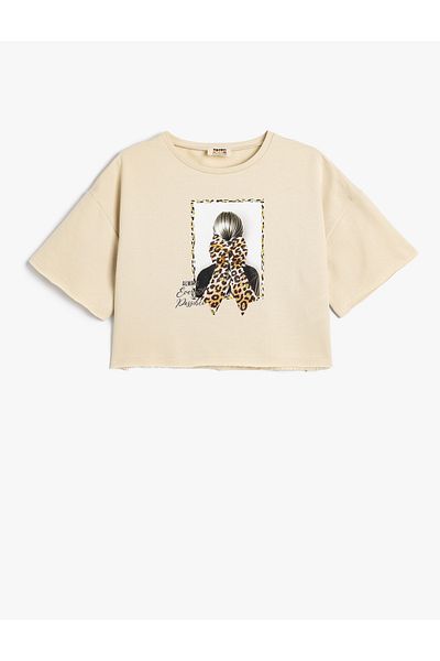 Koton Cotton Crop T-Shirt - Short Sleeve, Crew Neck and Bow Print