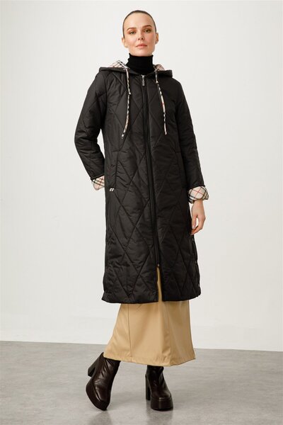 Micca Special Plaid Garni Detailed Quilted Sports Puffer Coat-Black