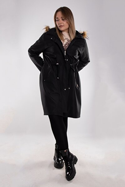 Derfa collection 1011 Battal Beden Içi Kürklü Beli Bağcıklı Kapşonlu Uzun Kap