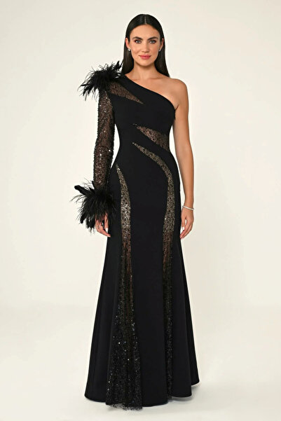 ALFABETA TRANSPARAN DETAYLI BALIK OMUZ TEK KOL OTRİŞLİ SİYAH ŞIK ABİYE