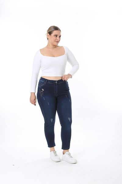 EYLÜLXXL Large Size Flexible Jeans - Pocket Embroidery Detail