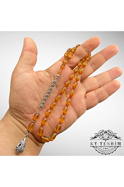 Kt 925 AYAR GÜMÜŞ PÜSKÜLLÜ BADEM KESİM BLOK ZAR KEHRİBAR TESBİH