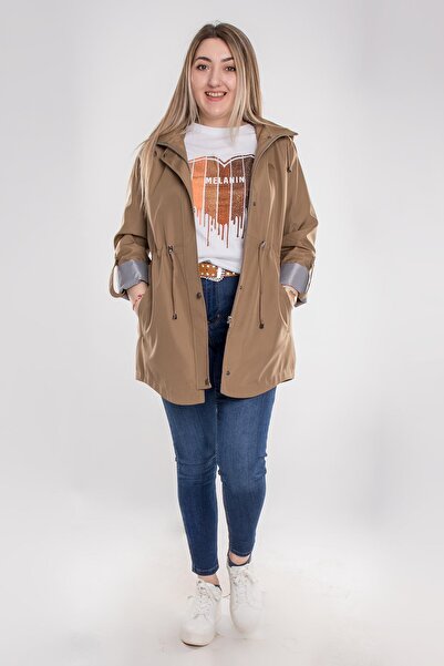 Derfa collection 1009 Büyük Beden Kol Katlama Kapüşonlu Beli Bağcıklı Kadın Trençkot