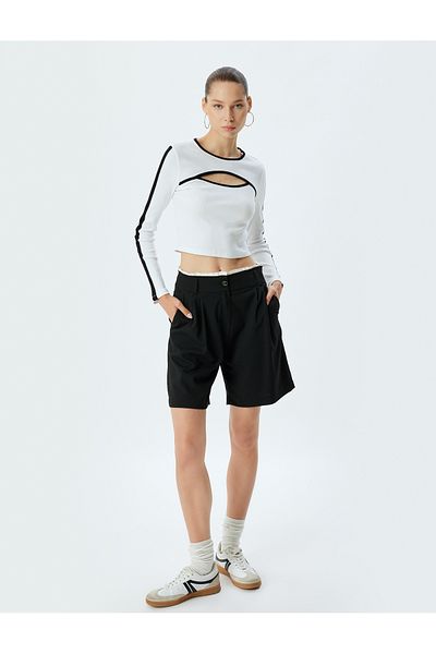 Koton Long Sleeve Crop T-shirt - Window Detail, Slim Fit, Crew Neck