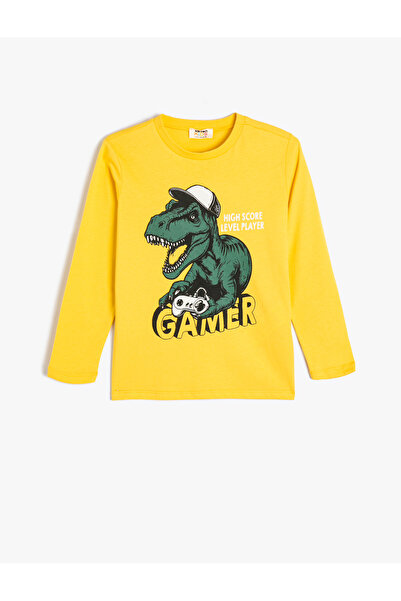 Koton Langärmliges Baumwoll-T-Shirt mit Dinosaurier-Aufdruck – Rundhalsaussch...