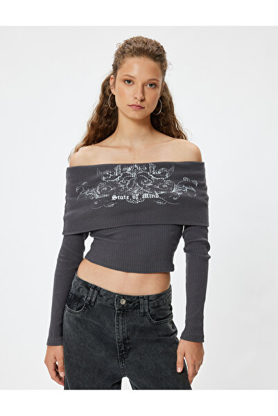 Koton Tričko Madonna s límečkem bez ramene Košilka s dlouhým rukávem Potištěná bavlna Slim Fit