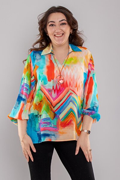 GRANDİ 7111 Büyük Beden Kolyeli Vyaka Karışık Renkli Viscon Bluz