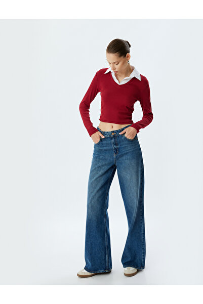 Koton Langarm-T-Shirt mit Hemdkragen aus Baumwolle im Slim Fit