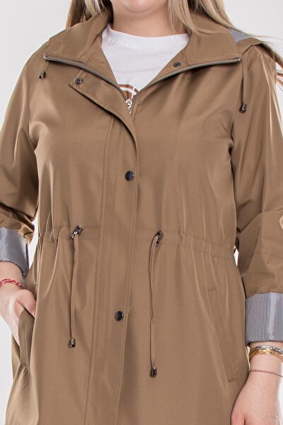 Derfa collection 1009 Büyük Beden Kol Katlama Kapüşonlu Beli Bağcıklı Kadın Trençkot