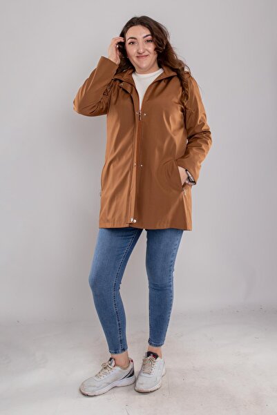 DERFA 1017 Büyük Beden Cep Fermuarlı Beli Bağcıklı Kapüşonlu Kadın Trençkot