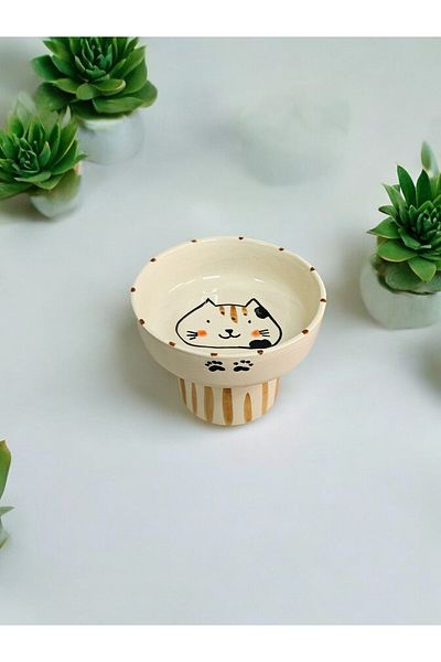 Soli Seramik High Ceramic Cat and Dog Food and Water Bowl - Non-Spill Cat Patterned Handmade