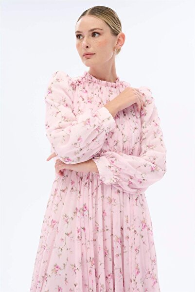 miha Hicran Önal YAKASI BÜZGÜ DETAYLI ÇİÇEK DESENLİ ELBİSE Pembe-Beyaz