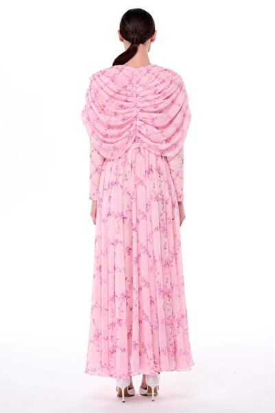 miha Hicran Önal PELERİN DETAYLI UZUN ELBİSE Pembe