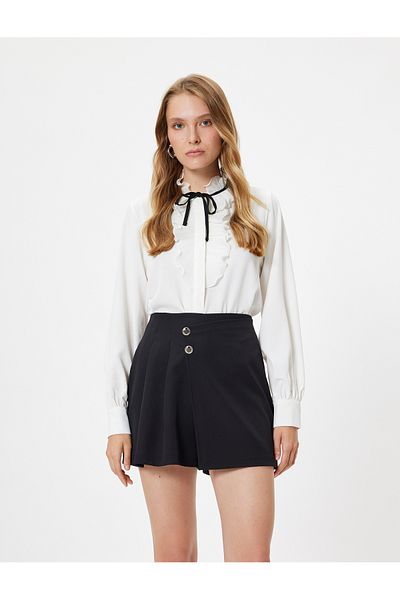 Koton Stand Collar and Bow Detail Ruffle Long Sleeve Shirt