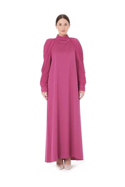 miha Hicran Önal KOLLARI PLİSE DETAYLI UZUN ELBİSE Eflatun