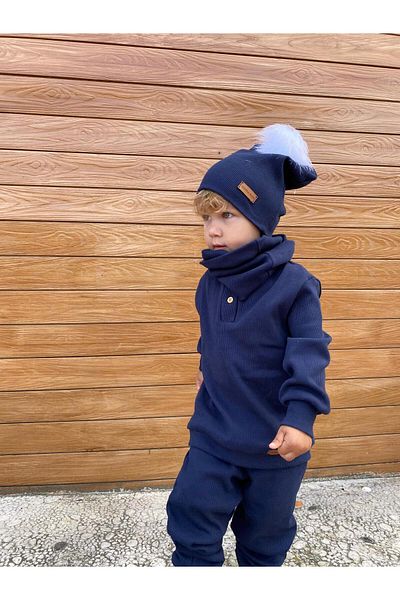 MERRAKİDS Cotton Beret Neck Collar Button Detailed Unisex Set