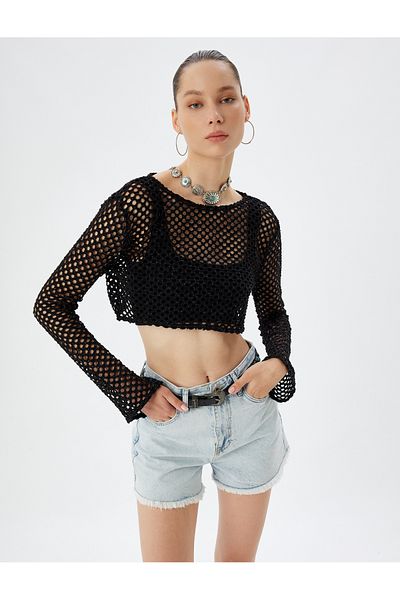 Koton Openwork Knitted T-shirt - Long Sleeve, Crew Neck, Glitter LookCropT-shirt