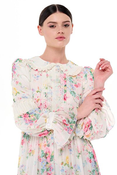 miha Hicran Önal Ecru Colored Baby Collar and Gather Detailed Dress