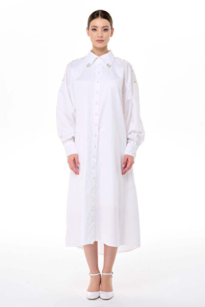 miha Hicran Önal White Poplin Dress - Stone Embroidered