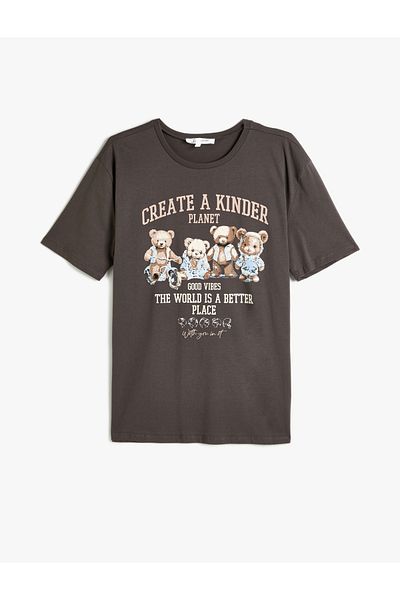 Koton Teddy Bear Printed Oversize Cotton Short Sleeve T-Shirt - Crew Neck