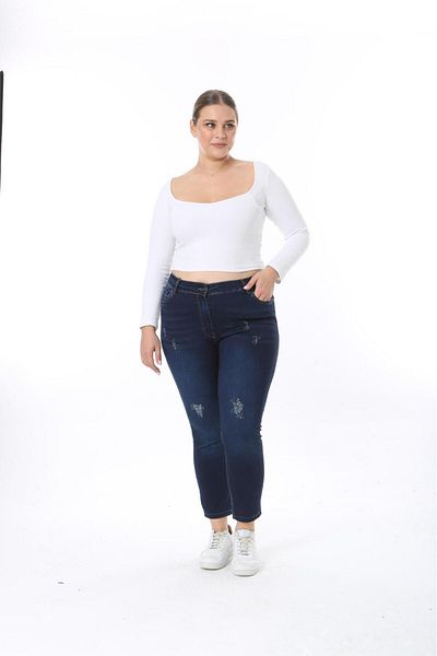 EYLÜLXXL Women's Large Size High Waist Jeans Pant Flexible Fabric (with Crystal Stone Printing Detail)