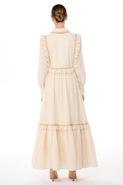 miha Hicran Önal KAT KAT FIRFIR DETAYLI SİMLİ ELBİSE Ekru