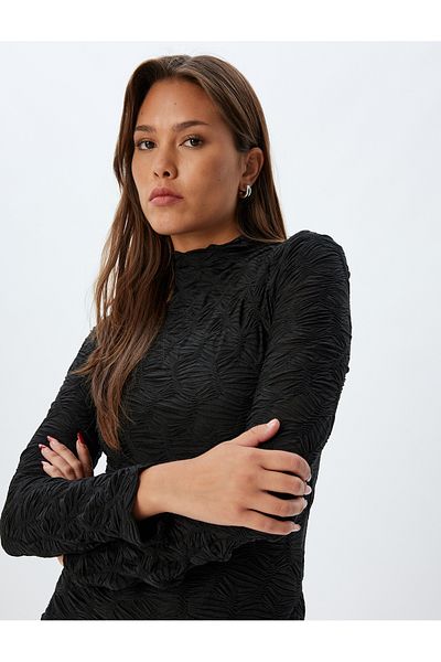 Koton Long Sleeve Slim Fit Textured Pencil Dress - Stand Collar
