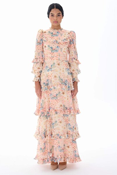 miha Hicran Önal KAT KAT FIRFIR DETAYLI SİMLİ ELBİSE Pudra