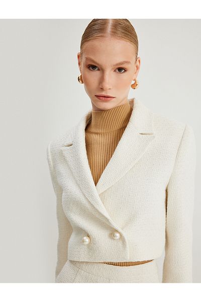Koton Double Breasted Crop Tweed Blazer - Pearl Button