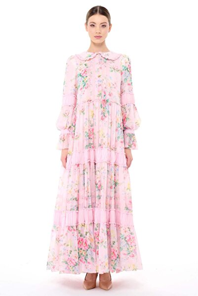 miha Hicran Önal BEBE YAKA BÜZGÜ DETAYLI ELBİSE Pembe