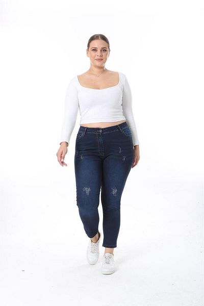 EYLÜLXXL Women's Large Size High Waist Jeans Pant Flexible Fabric (with Crystal Stone Printing Detail)